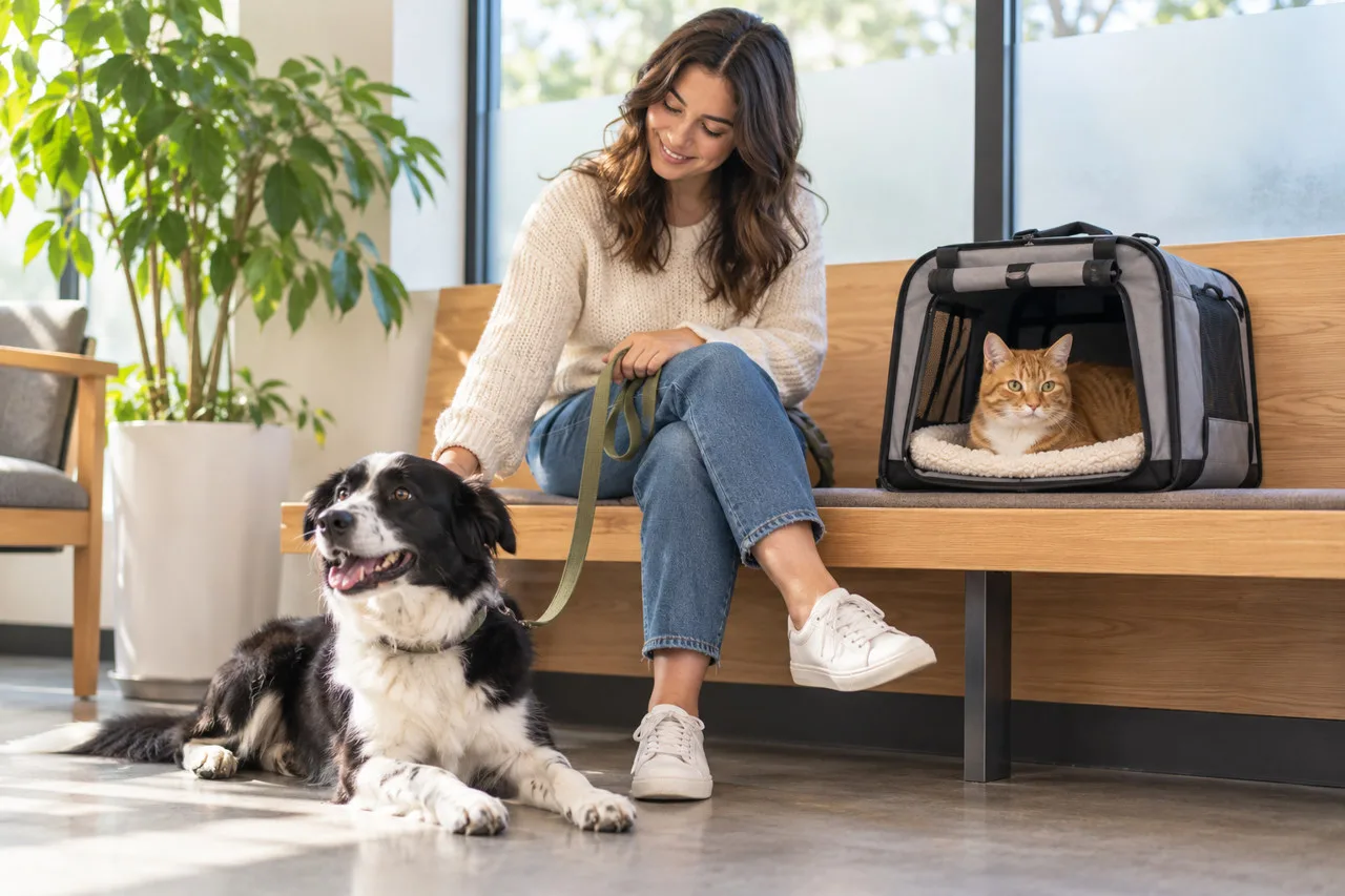 Small dog beside a seated owner and a cat resting in a pet carrier